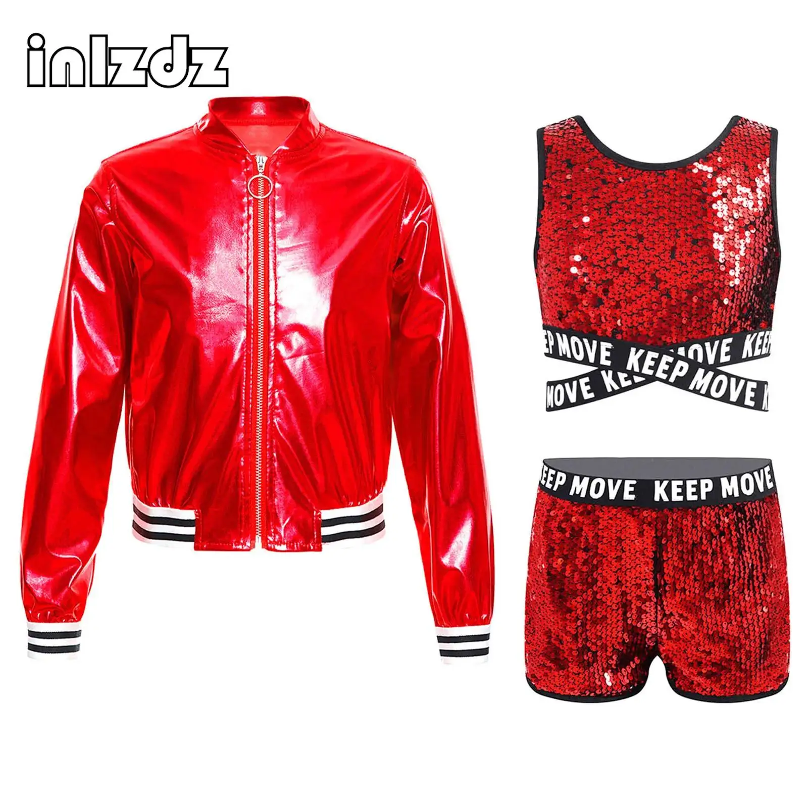 

Kids Girls Sparkling Sequins Jazz Dance Outfit Round Neckline Criss Cross Straps Bottom Crop Top with Shorts and Metallic Jacket