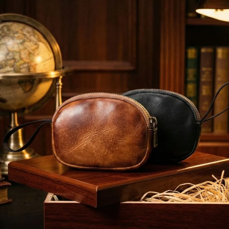 Genuine Leather Earbud Case with Wrist Strap,Vintage Cowhide Zipper Coin Pouch,Mini Wallet for AirPods,Coins & Small Accessories