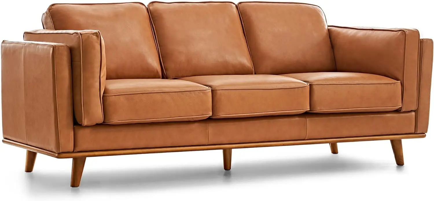 

Full Leather Sofa 88”Pure Full Leather Couch Solid Wood Accent Ultimate Comfort Cognac Tan 35"D x 87.8"W x 34.25"H