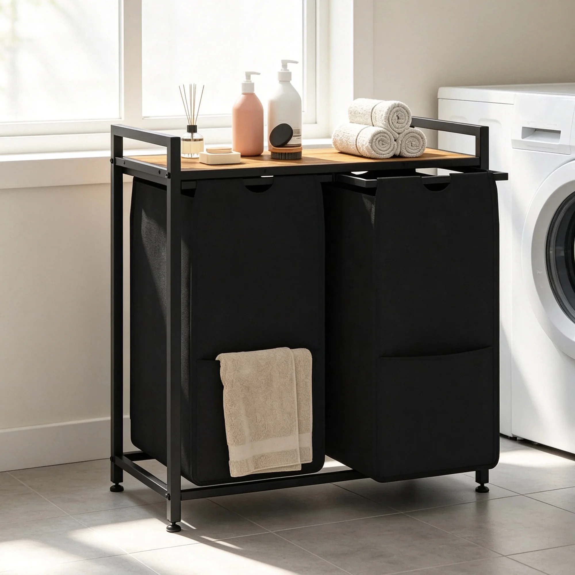 2-teiliger Wäschekorb mit Ablage, 2x48l herausziehbare, abnehmbare Taschen, Metall-Wäschesortierkorb für Badezimmer, Schlafzimmer, Waschküche