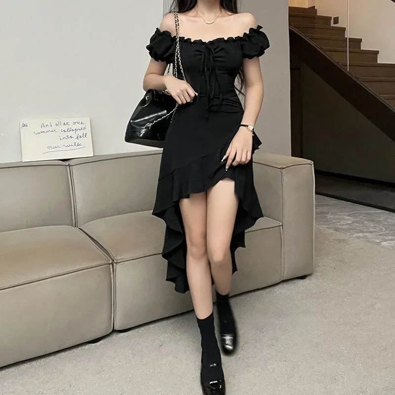 

Summer Black Dress Women Streetwear Sexy Off Shoulder Short Sleeves Ruffled Mid Length Dresses Y2k Club Elegant Partywear Платье