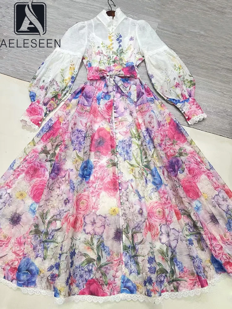 

AELESEEN Runway Fashion Spring Summer Dress Women Vintage Flower Printed Stand Lace Single-Breasted Design Casual Belt Party