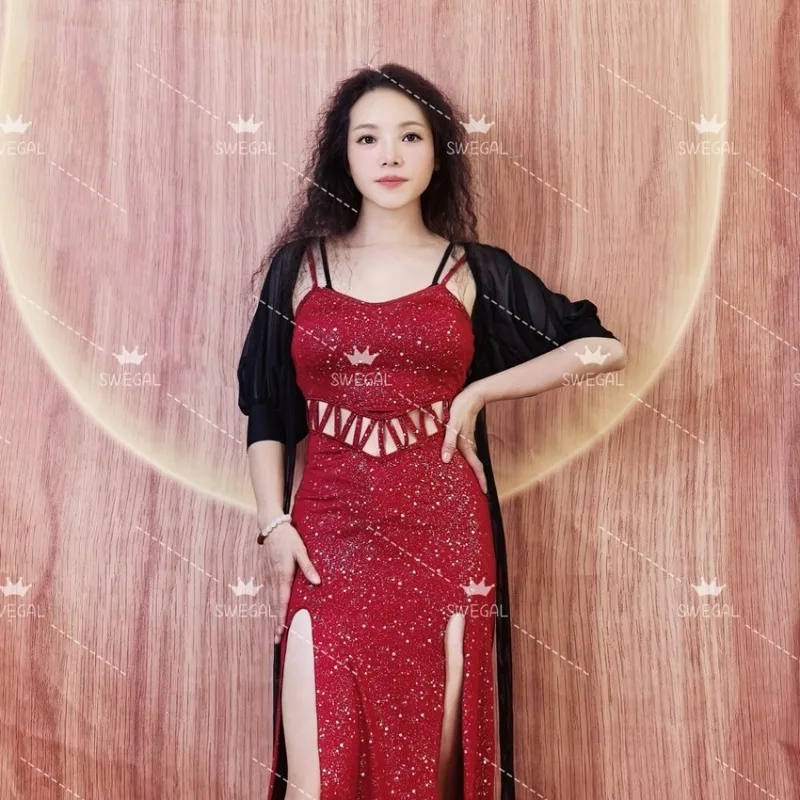 Customized Swegal Belly Dance Top Eastern Dance Clothes Black Mesh Camisole Backless Mid Sleeves Slightly Translucent