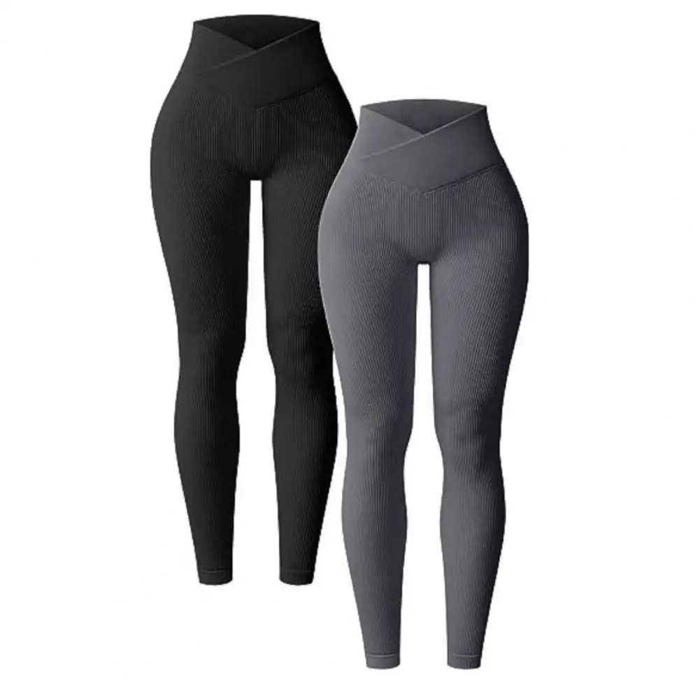 

Exercise Casual Pants Seamless High Waist Yoga Leggings Ribbed Pattern Solid Color Long Pants for Women's Athletic Workout