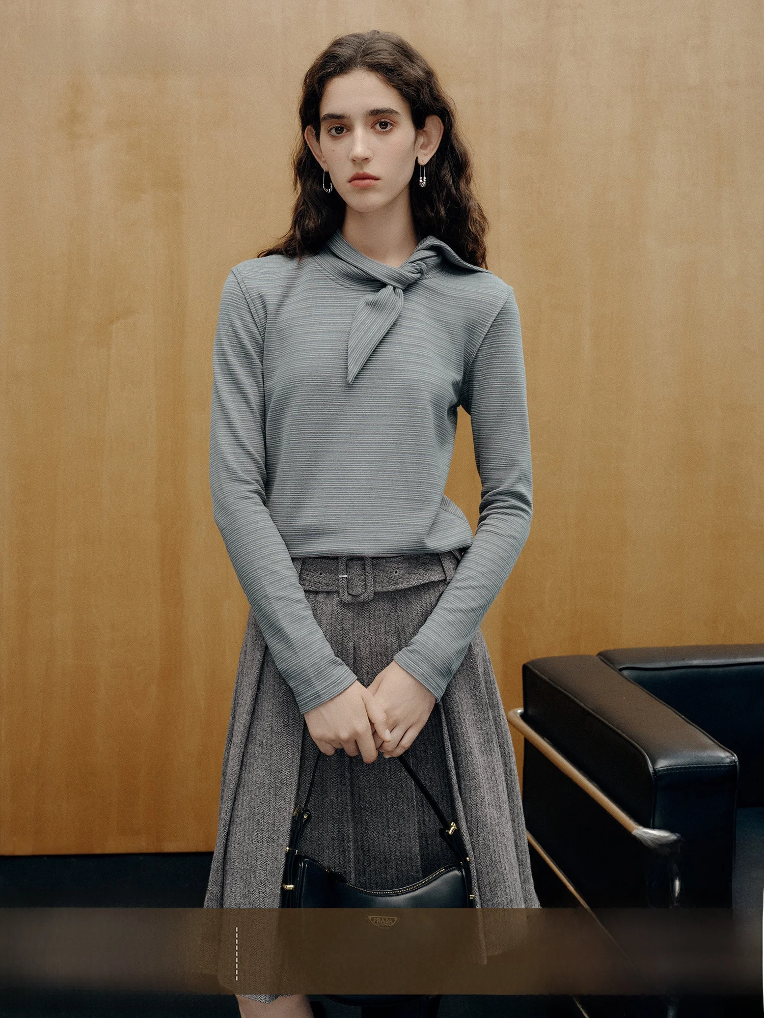 French Manx Rabbit Ear Bow Tie Silk Stripe Base Shirt Women's Winter New Style Straight Cut Daily Wear Office Commute Suitable