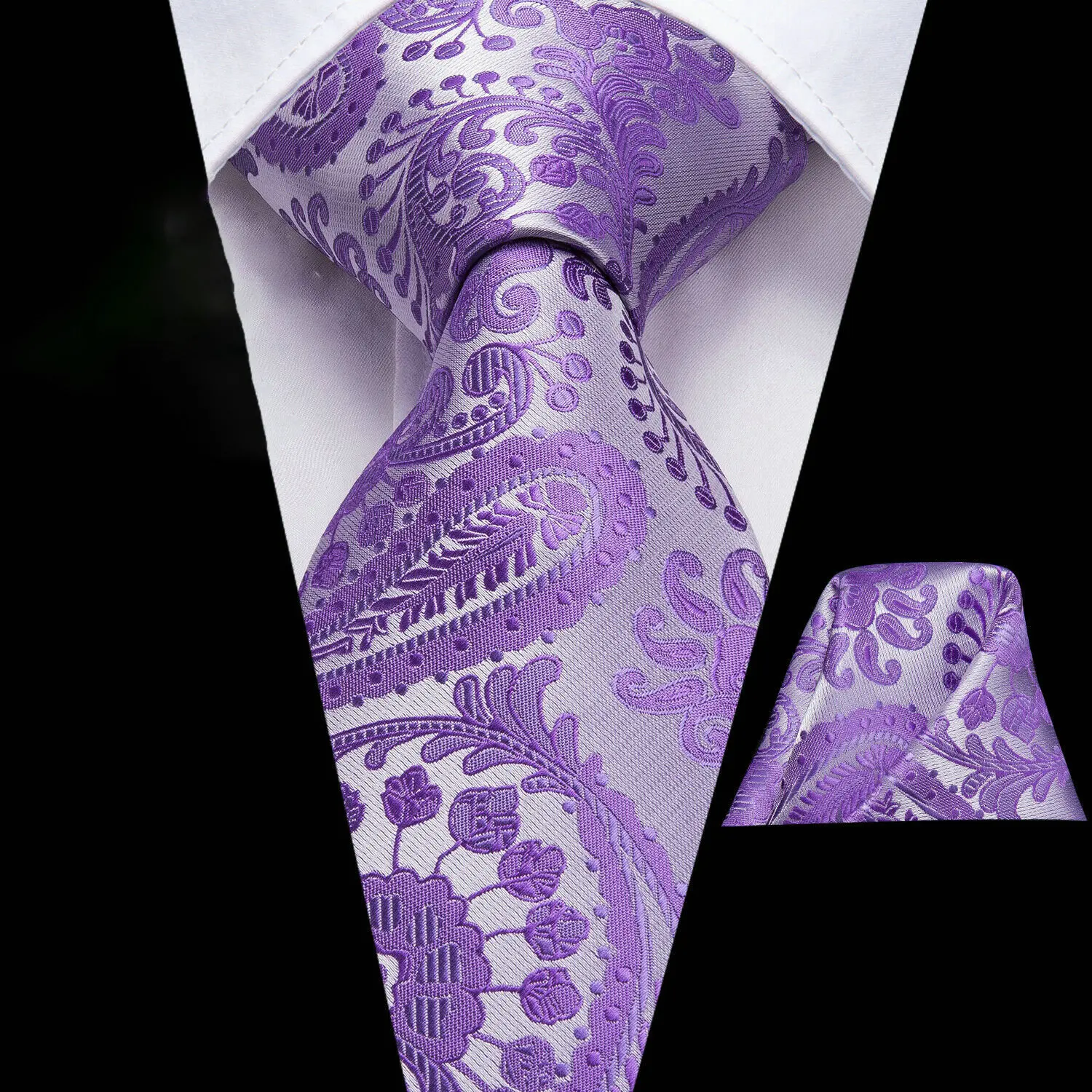 VERVEROW Men Light Purple Paisley Jacquard Necktie Pocket Square Set Elegant Formal Tie Handkerchief Suit
