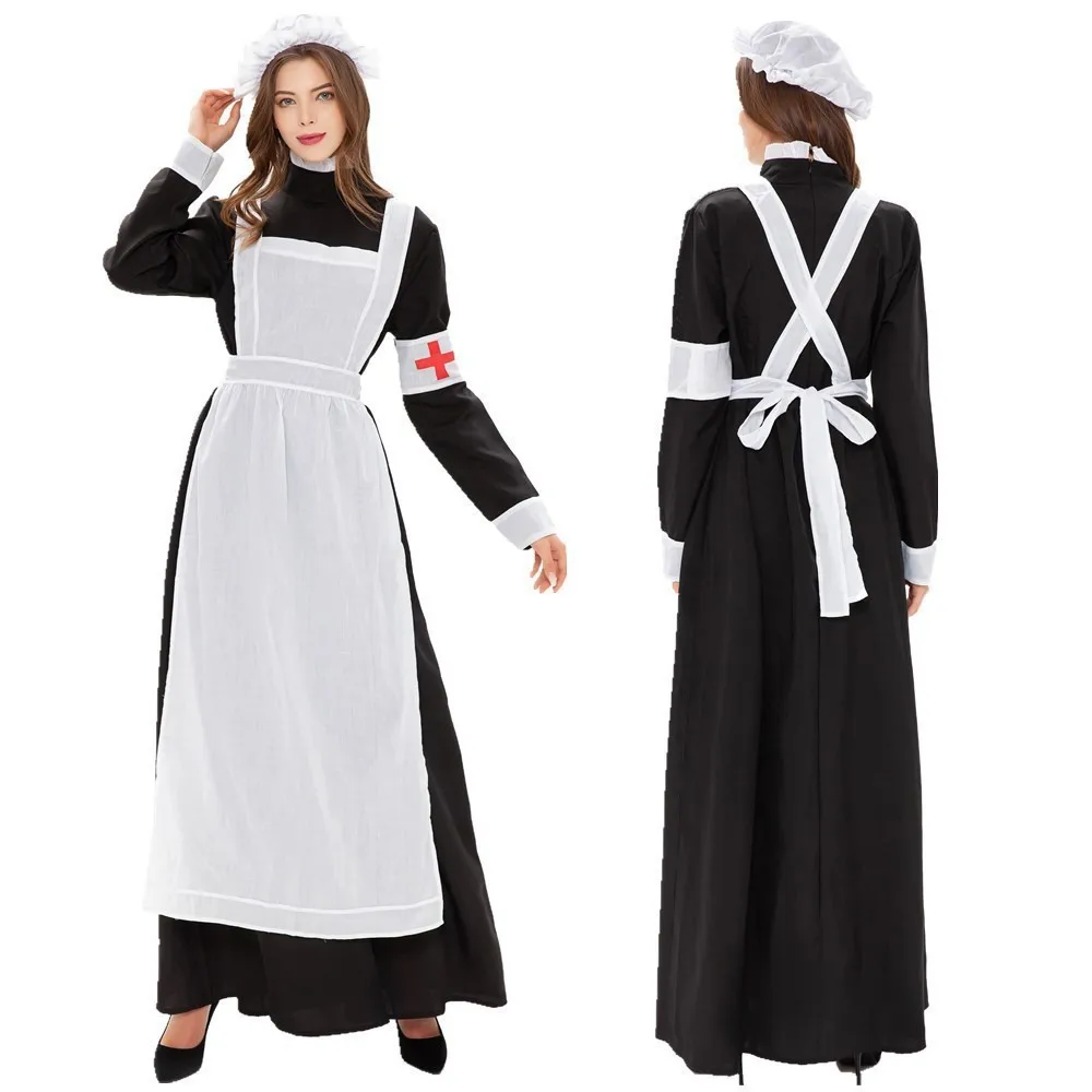 

Halloween Cosplay Nurse Costume Red Cross Overalls Black and White Nurse Dress with Apron Headdress Cuff Loop