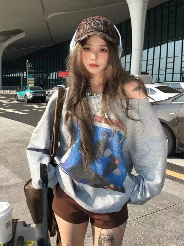 

American retro spicy girl trend printed sloping shoulder women's T-shirt autumn Y2K Harajuku street style casual women's tops