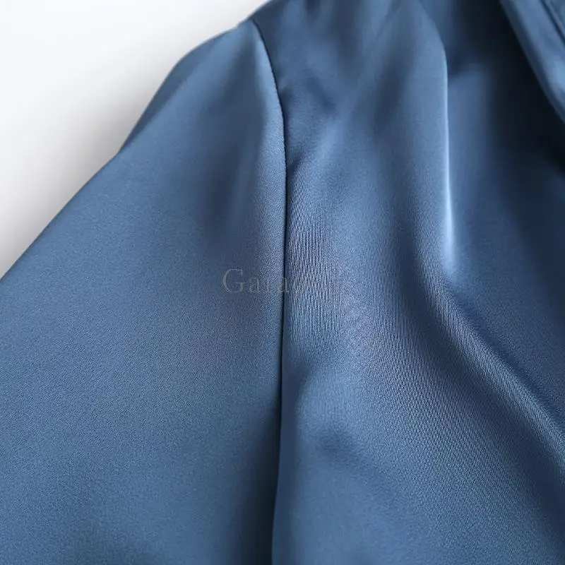 Garaouy 2022 Spring Fashion Women Elegant Blue Satin Dress Long Sleeve Office Ladies Midi Dresses With Slash Robe Female Mujer