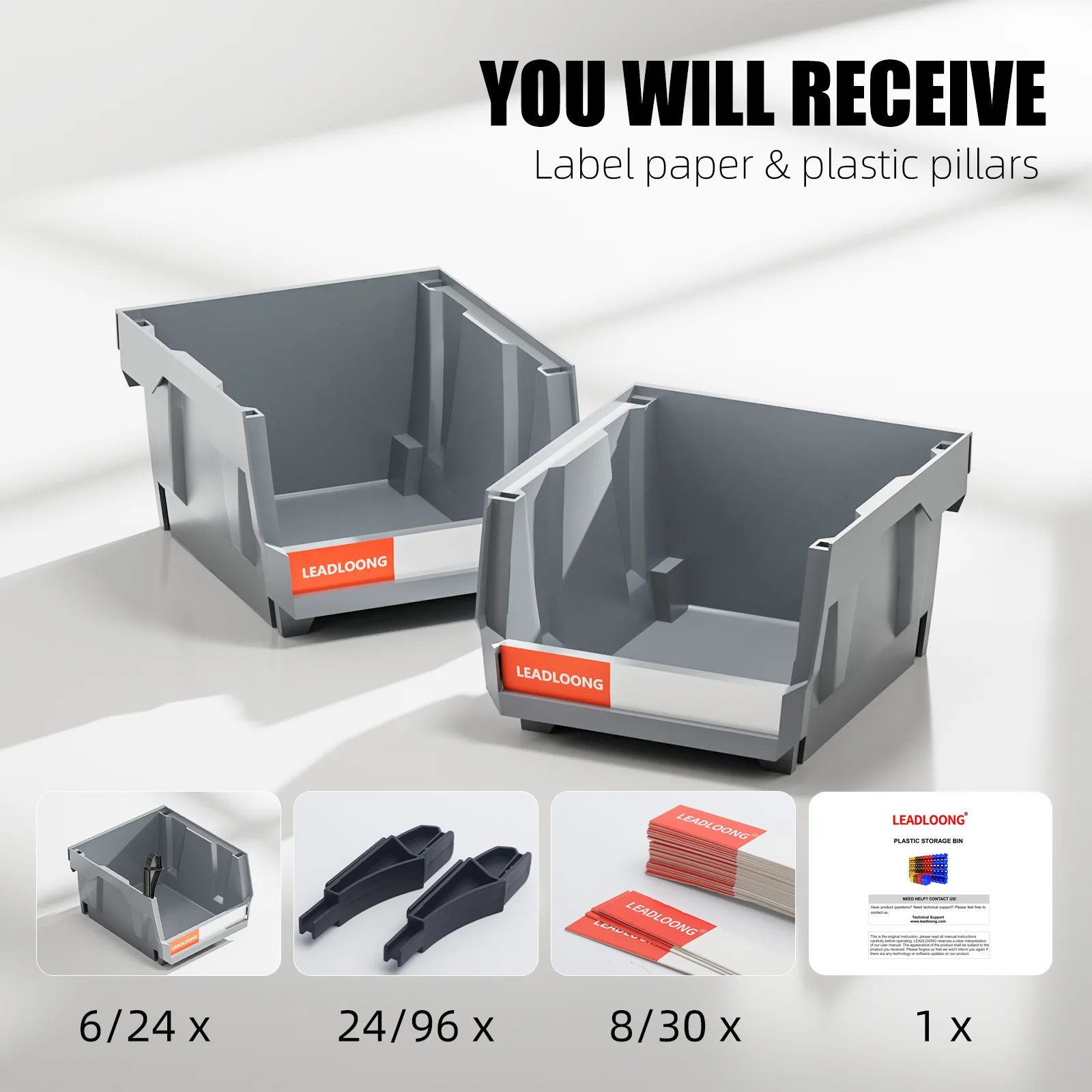 6/24pcs Gray Stackable Plastic Storage Box, Garage Storage Container, Garage Tool Storage And Organizer Box