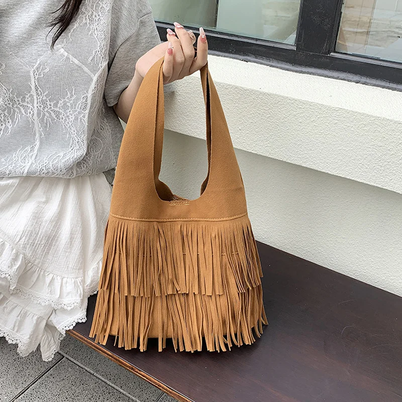 Lässige Vintage-Tasche mit großer Kapazität für Damen, neue modische Pendler-Achseltasche, vielseitige Hobo-Tasche mit Quastendesign – Detail 14