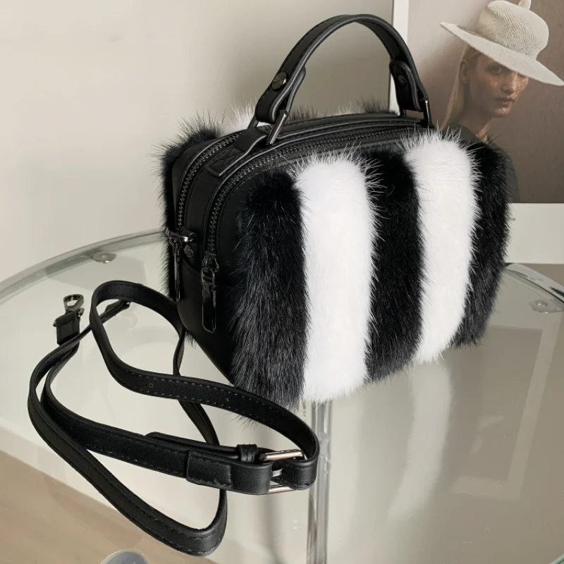 Mink Fur Bag Female Black White Handbag Real Mink Fur Shoulder Bags Crossbody Bags For Women Winter Furry Messenger Hand Bags