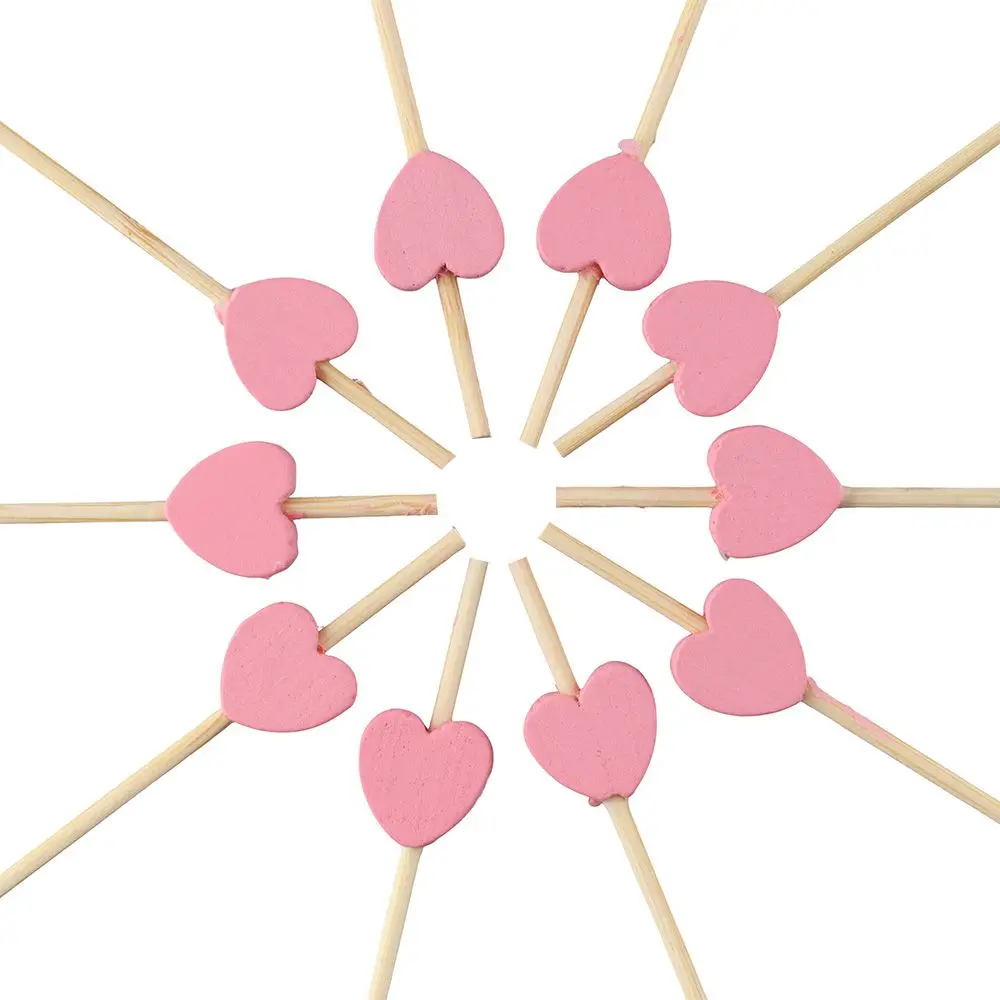 100Pcs Heart-Shaped Fruit Toothpicks Pink Disposable Sushi Stick 4.7 Inch Natural Bamboo Toothpicks