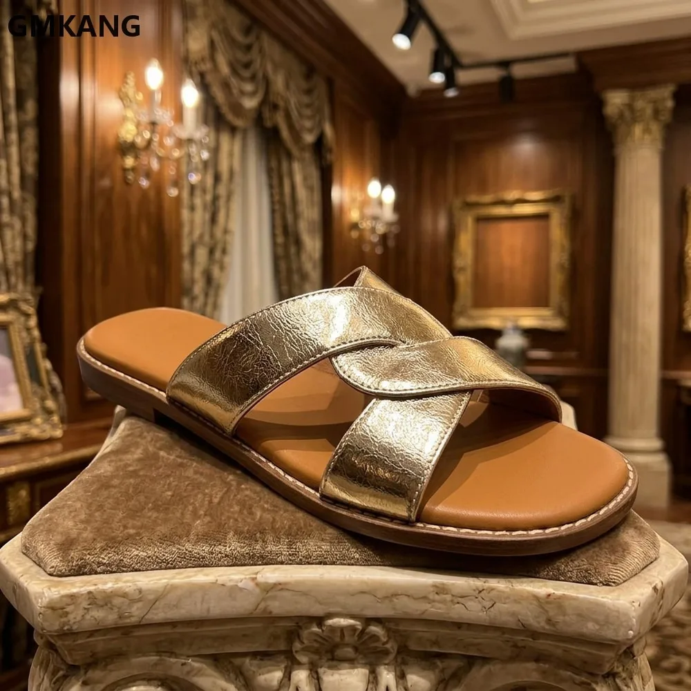 GMKANG Women's Peep Toe Flat Slippers Cross Strap Slip-on Summer Shoes Gold Silvery Lightweight Comfort Outdoor Half
