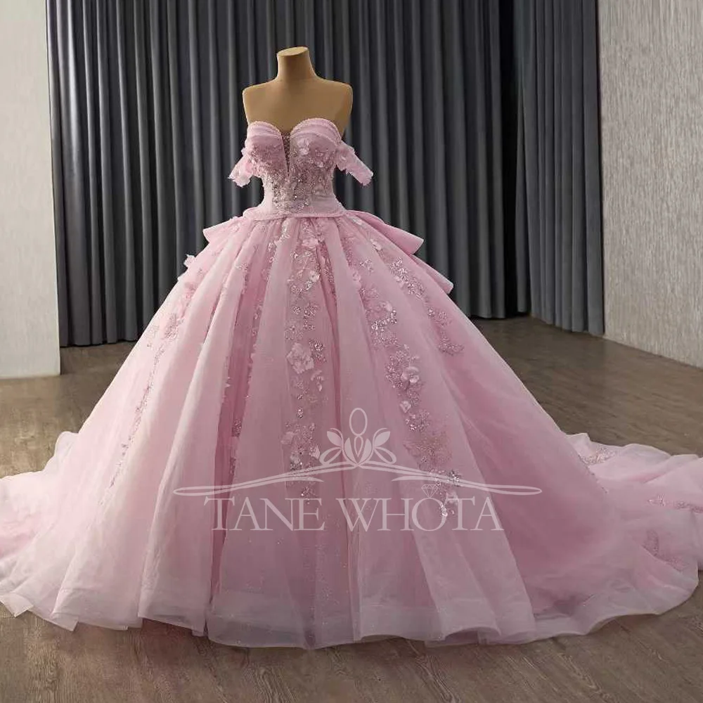 Pink Sweetheart Off The Shoulder Quinceanera Dress With Lace-Up Back Appliques Beading Sequined Vestido De 15