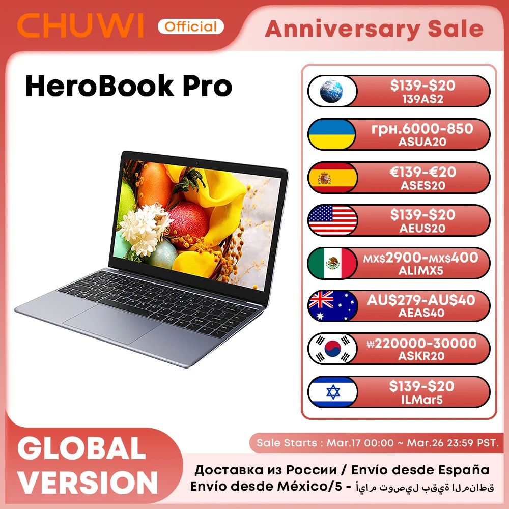 Máy Tính Bảng CHUWI HeroBook Pro Windows 11 Laptop 14.1 Inch Màn Hình FHD Intel Celeorn N4020 CPU LPDDR4 8GB 256GB SSD 38Wh Máy Tính PC