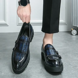 Thick Bottom Loafers Personality Man Party Wedding Shoes Soft Sole Street Style Men's Fashion Monk Strap Shoes Handmade