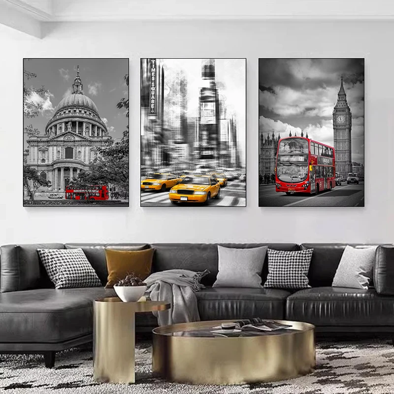Yellow Traffic Red Telephone Box Posters Canvas Painting Print Modern City Landscape Wall Art Pictures Poster Living Room Decor