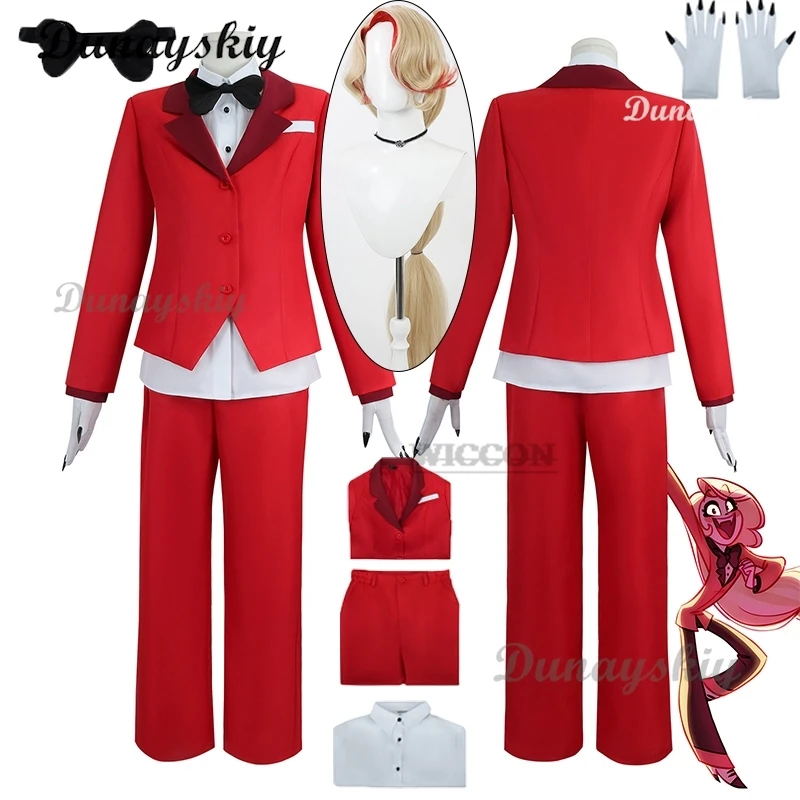 Anime Charlie Women Cosplay Hazbin Roleplay Hotel Fantasia Costume Disguise Adult Top Pants Gloves Wig Outfits Halloween Suit