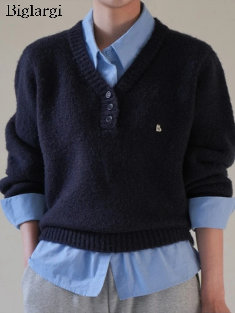 

Вязаный осенний поддельный комплект из двух предметов, лоскутный пуловер, свитер, женский свитер с вышивкой Modis, повседневные женские свитера, корейский женский свитер