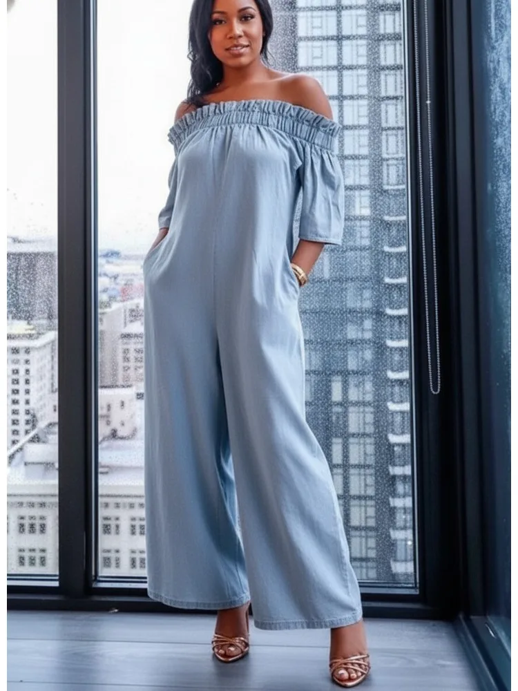 

2026 New Women's Light Blue Denim Jumpsuit Off-Shoulder Half Sleeve Wide Leg Jumpsuit Summer Casual Sweet Loose Fit Jumpsuit