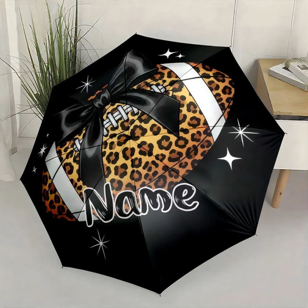 Custom Name Umbrella, Leopard Print Football with Bow Personalized Gift Umbrella Folding Umbrella for Sunny and Rainy,Gift