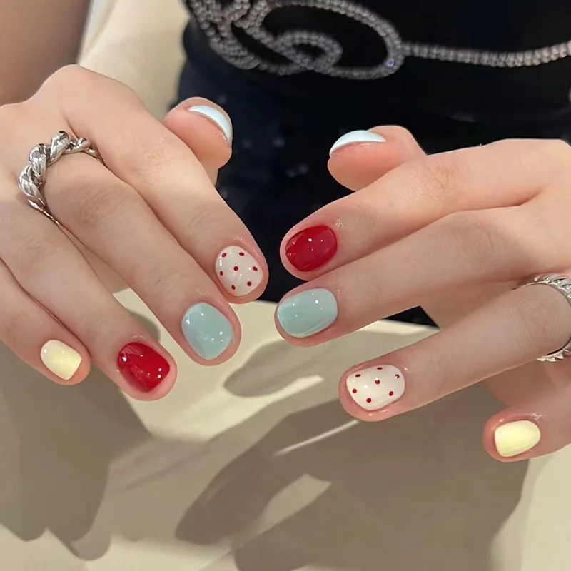 

24pcs Retro Polka Press-On Nails - Cherry Red & Lake Blue Dots Short Round Shape (Multi Sizes) Coverage Nail Art Kit