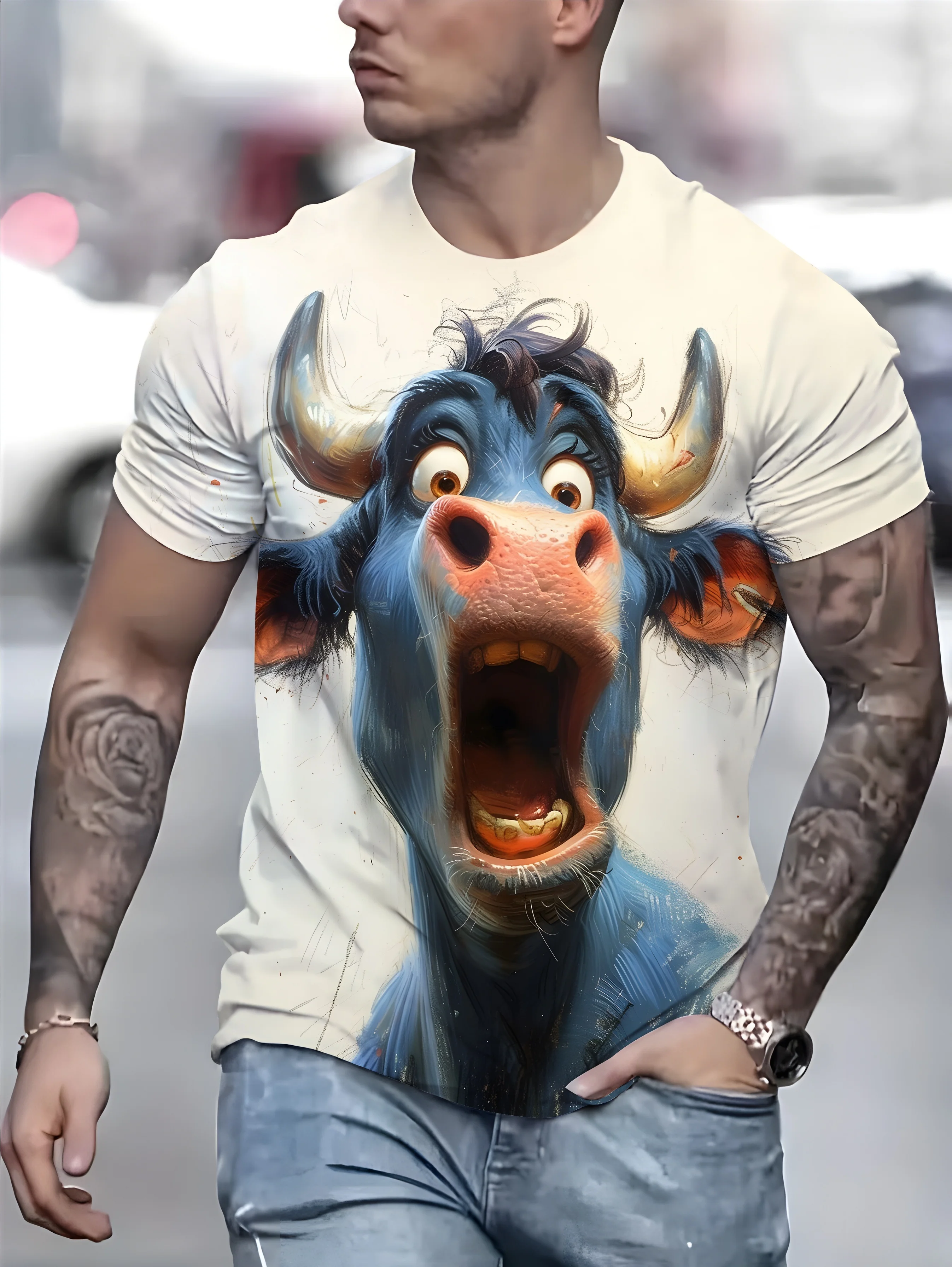 Fashion Men's T Shirt Funny Animal Cow Pattern Printed Short-sleeved Bullfight Tops Tee Casual Mens Streetwear T Shirt
