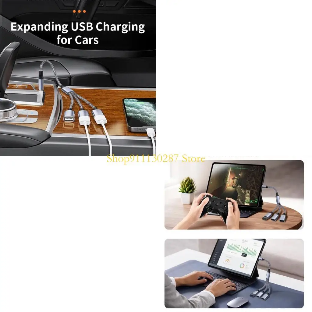 

J1HC Type C Male to 3 USB Female Cable Adapter USB2.0 OTG Splitter Cord Converters