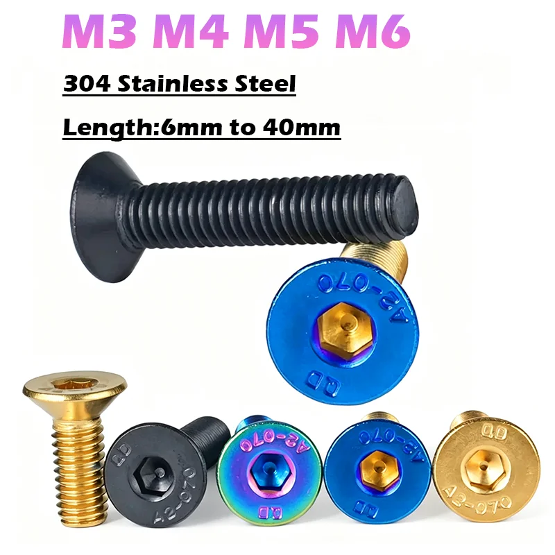 M3 M4 M5 M6 Countersunk Head Hex Socket Screws Color Plated 304 Stainless Steel E-bike Motorcycle Modify Fixing Bolts L6mm~40mm