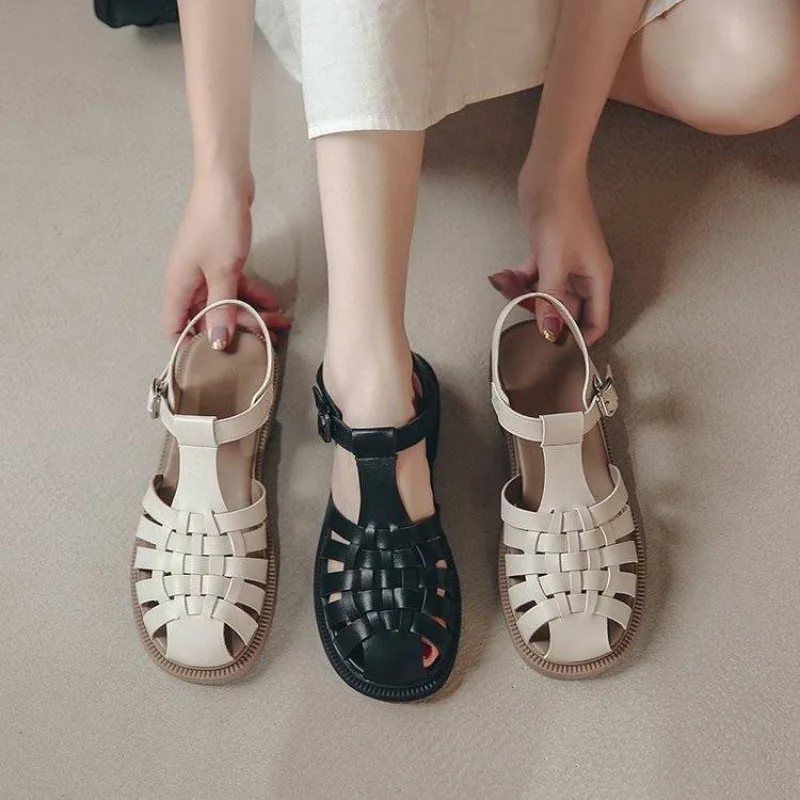 shoes Closed Toe Sandals Black Shoes For Women 2022 Summer Women\'s Heels Breathable Beige Low Retro Ladies Flat Gladiator