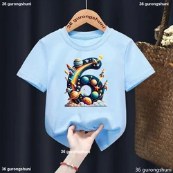 子供向けの惑星プリントTシャツ,白いカジュアルTシャツ,女の子と男の子向けの原宿服,6歳と5歳の誕生日プレゼント