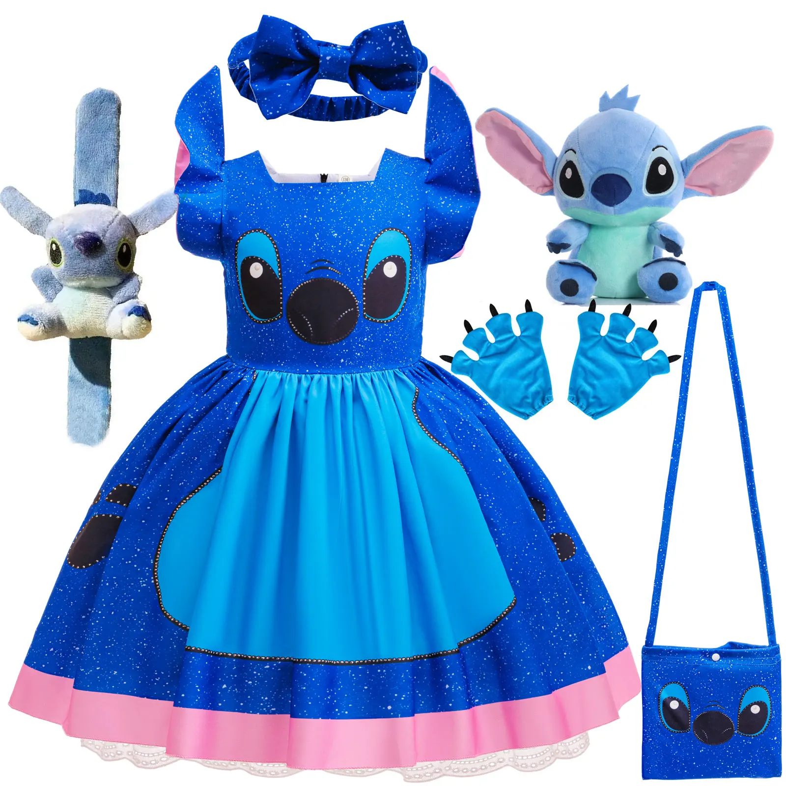 

Disney Classic TV Series Lilo Stitch Girl Cosplay Stitch Cartoon Blue Short-Sleeved Dress Halloween Birthday Festival Dress Set