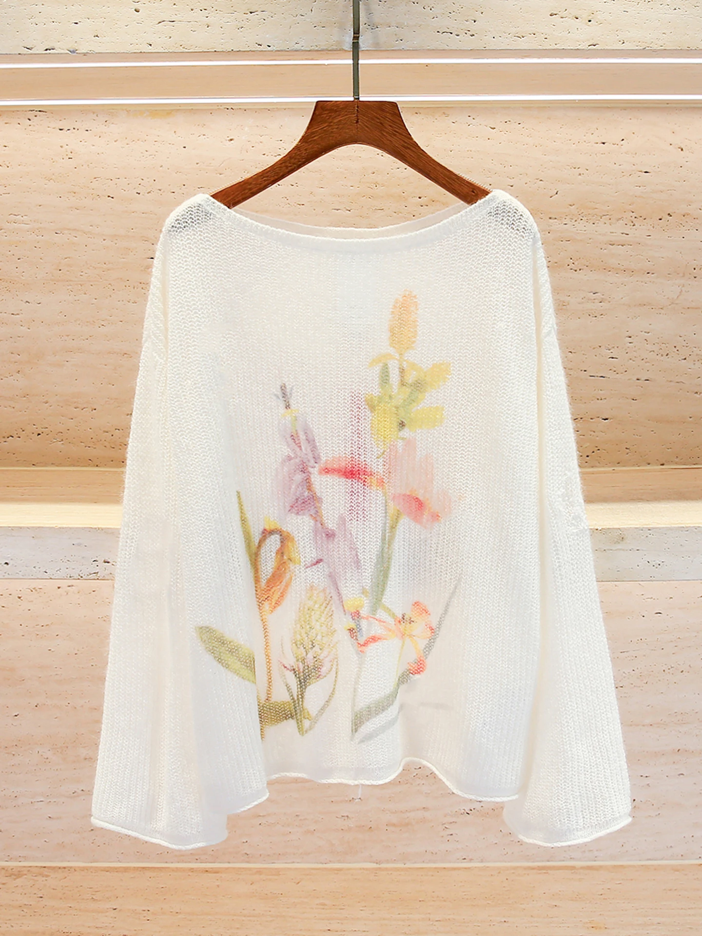 Ele Women's Knitted Top Iris Flower Hollow out Loose Fit Gentle Sle Commute Faion Long Sve round Ne Knitwear