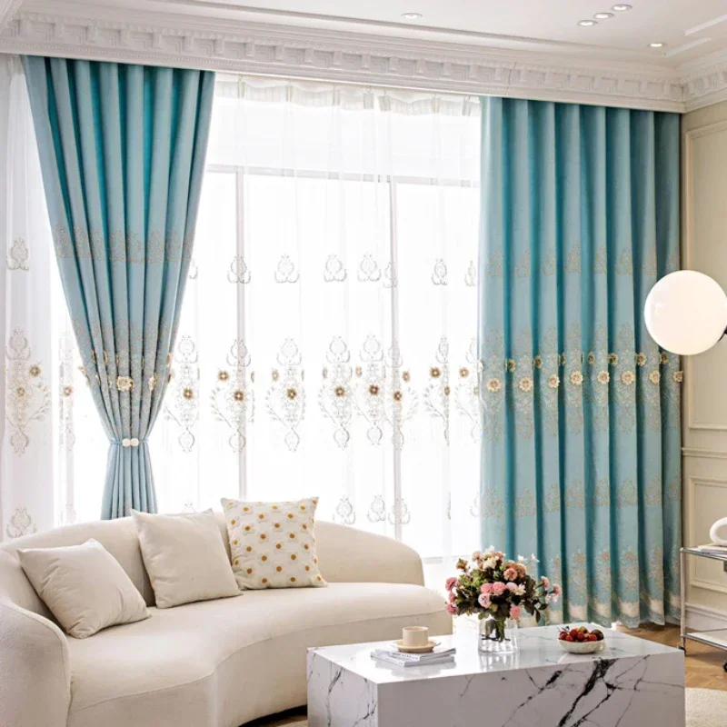 European Modern Curtains for Living Room Bedroom Blackout Luxury Window Embroidered Tulle Villa Elegant Valance Decorate Custom