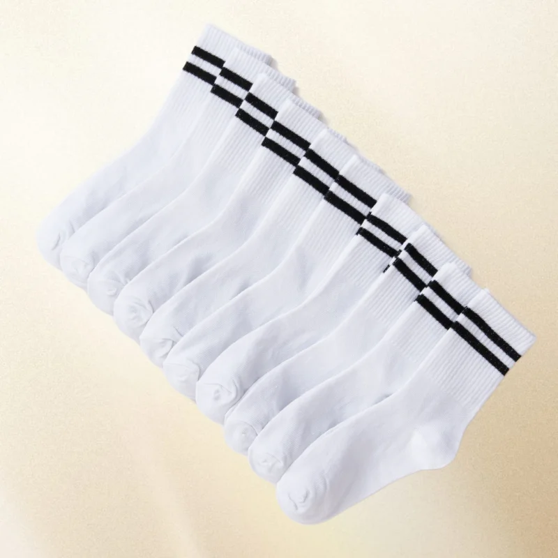 Calcetines de tubo alto de longitud media para mujer, conjunto de 10 pares de medias de alta calidad en color blanco y negro sólido, barras paralelas populares