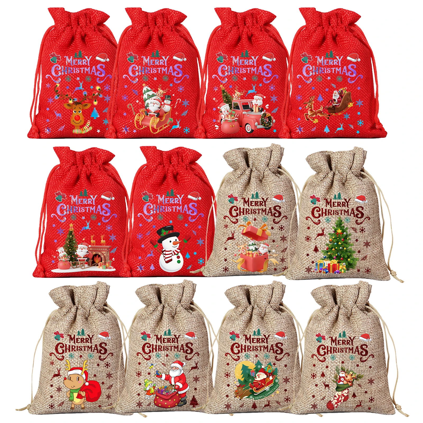 12pcs Christmas Drawstring Bag, Santa Claus Snowman Gift Bag, Cute Cartoon Animal Linen Bag, Christmas Tree Decoration