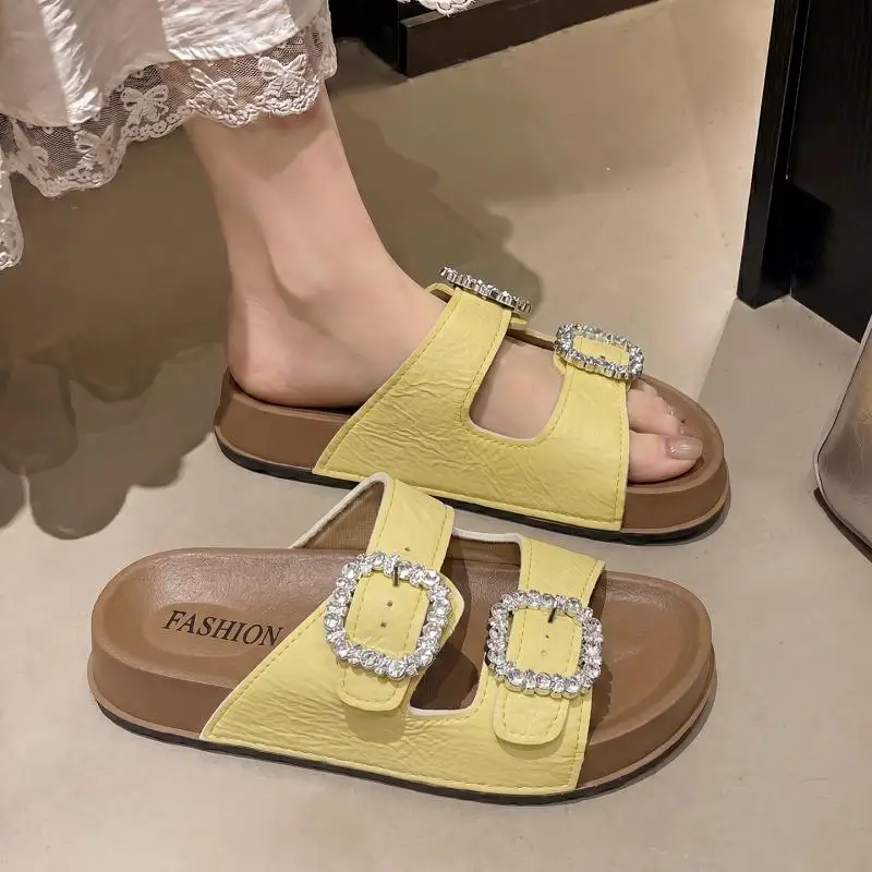 Rutschfeste, dicke Strandpantoffeln für Damen, Sommer 2026, Rhinestore-Schnallen-Plateau-Mules, glänzende Kristallsandalen für Damen – Detail 12