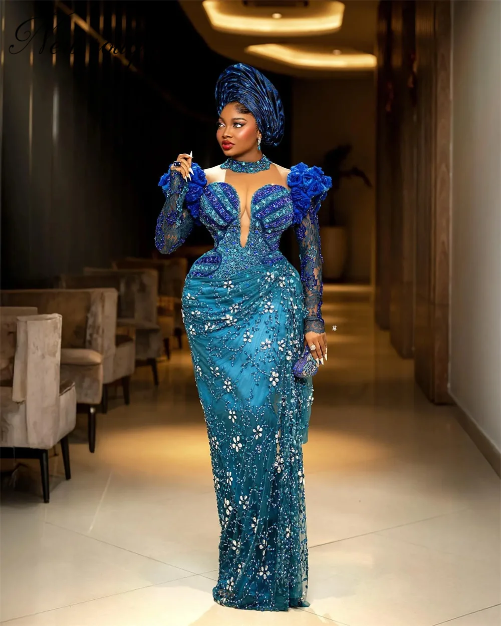 

African Blue Mermaid Evening Dresses Aso Ebi Long Sleeves Prom Dress For Women Party Dress Customized Formal Reception Gowns