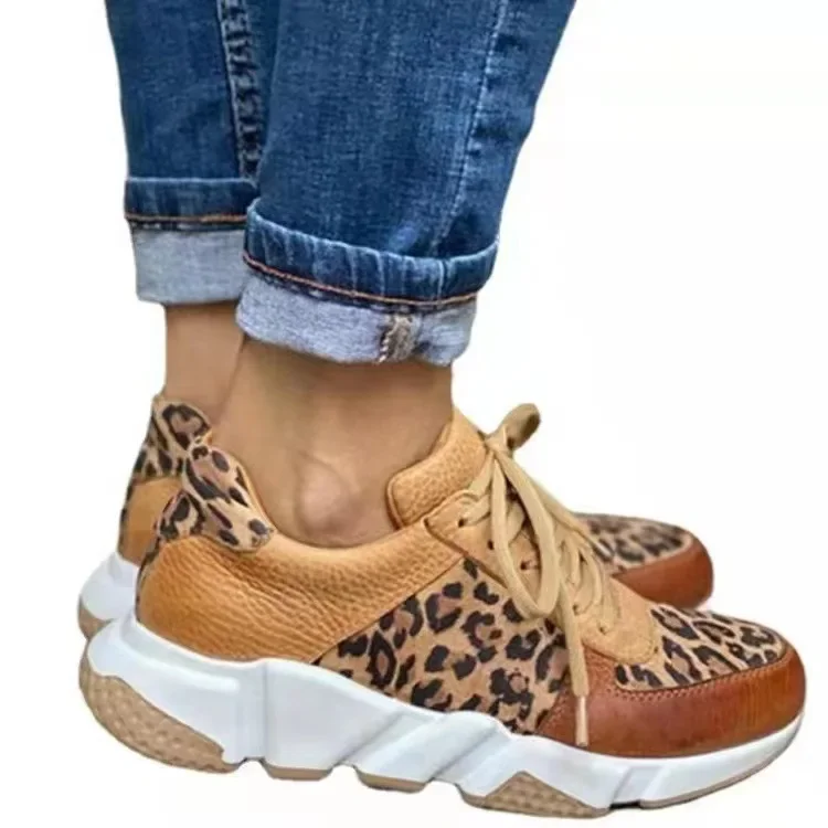 Fitshinling Leopard Patchwork Shoes For Women 2022 Winter Fashion Slim PU Women's Sneakers Athleisure Khaki Sportswear Shoe New