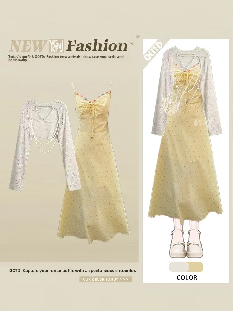 

Autumn 2026 Women's Sweet Youth-Loss Knitted Dress Loose Long Sleeve Two-Piece Set round Neck Casual Fashion Ensemble