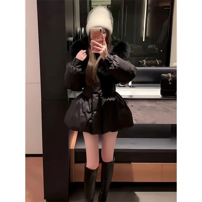 

Big Fur Collar Hooded Cotton Clothes Imitation Fox Hair Jacket Winter New Waist Thin Warm Jacket Parkas [ Small Waist Essence ]