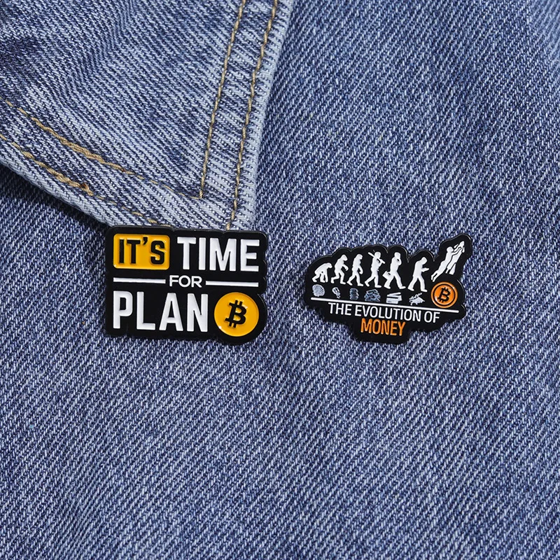 The Evolution of Money Brooch Enamel Pins Funny Bitcoin Time for Plan B Brooches Lapel Badge Decor Jewelry Gift for Friends