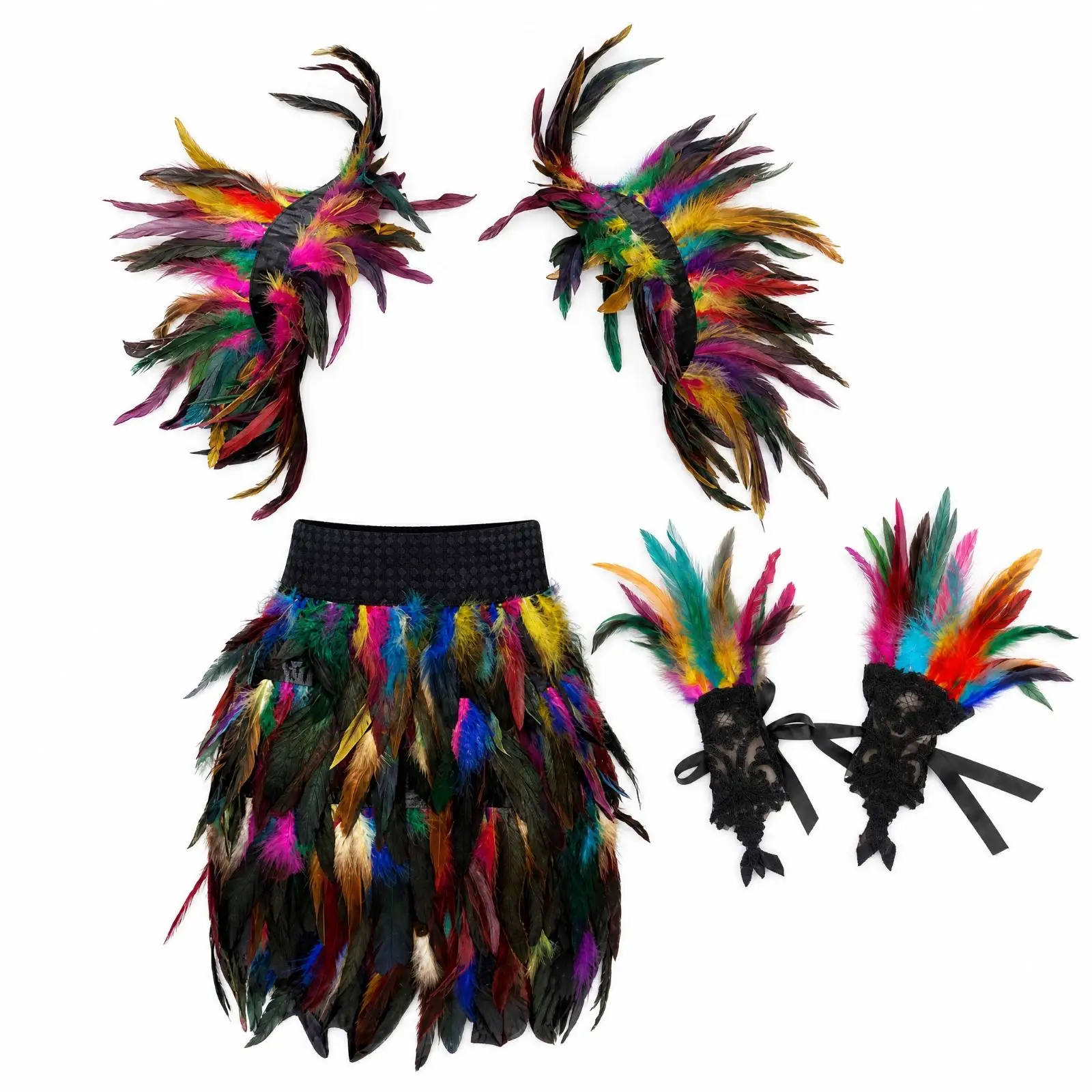 Women Costume Party Cape with Layered Feather Texture and Lace Gloves for Halloween Cosplay Stage Performance