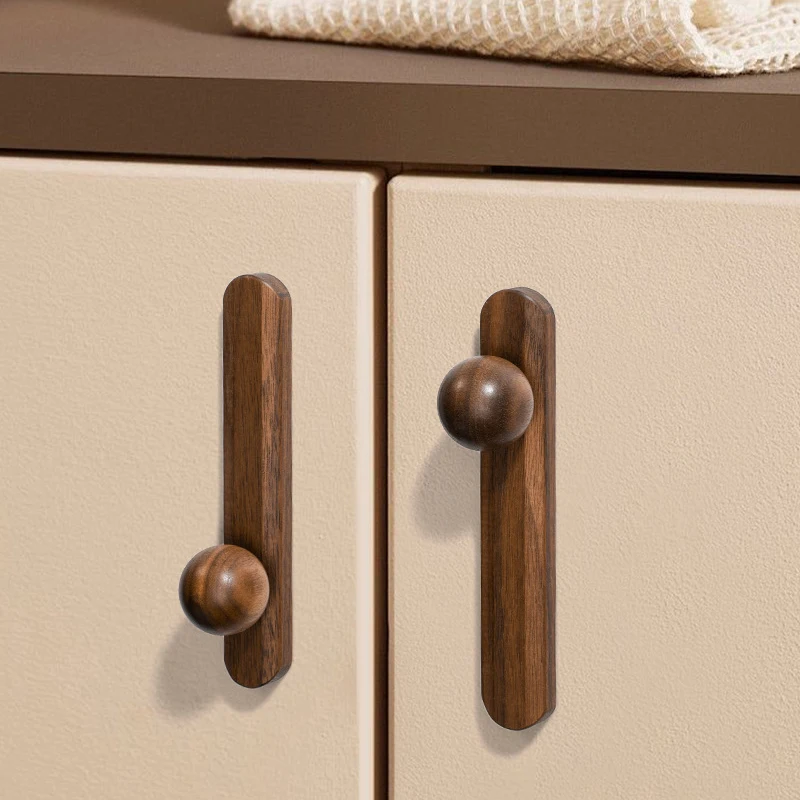 Modern Simple Walnut Solid Wood Cabinet Door Handle Round Drawer Wardrobe Handle Rounded Design for Home Furniture
