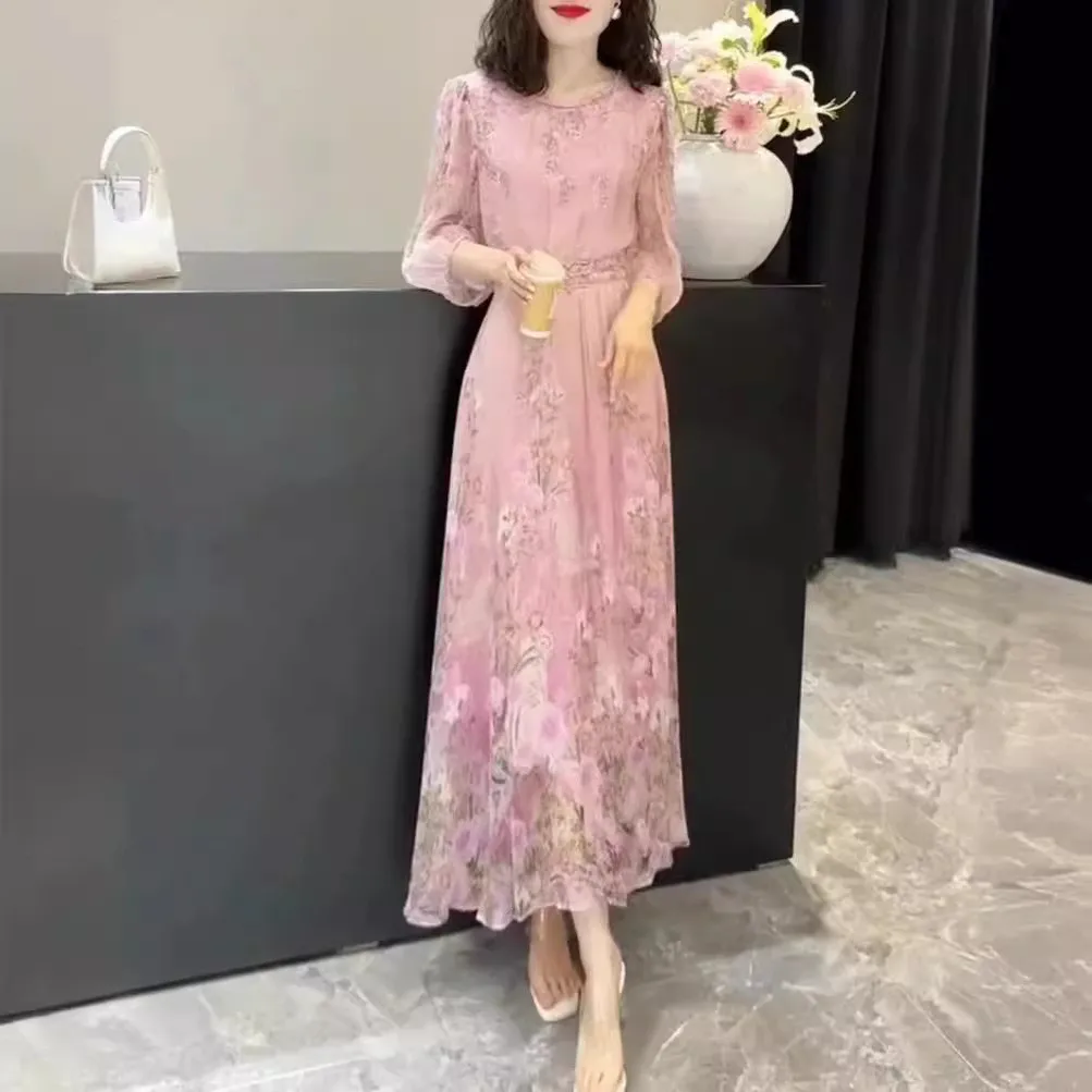 Imprimé fleuri en mousseline de soie été nouveau Sle femmes Dr t-shirt quart Sve Maxi Long Dr effet minceur doux Sle rond Ne