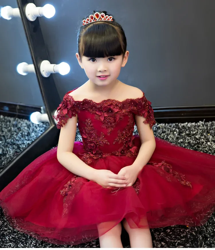 New Shoulderless Flower Girls Dresses For Wedding Appliques Formal Girl Birthday Party Dress Red Lace Princess Ball Gown