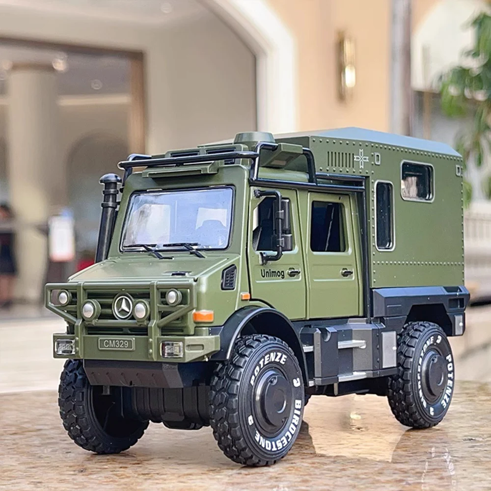 1:28 Unimog Motor Home U5000 Model Zabawka Odlewana Samochód Otwierane Drzwi z Dźwiękiem i Światłem Miniatury z Napędem Pull Back Zabawne Zabawki dla Dzieci