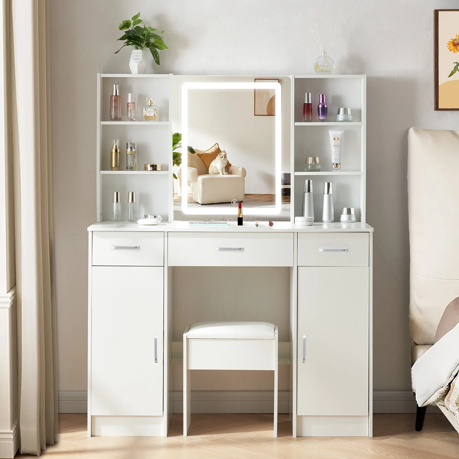 【صفقات 11.11، عروض الجمعة السوداء 2025】مجموعة مقاعد كبيرة لطاولة الزينة مع مرآة مكياج LED ذكية مكونة من 6 أدراج مكتب زينة