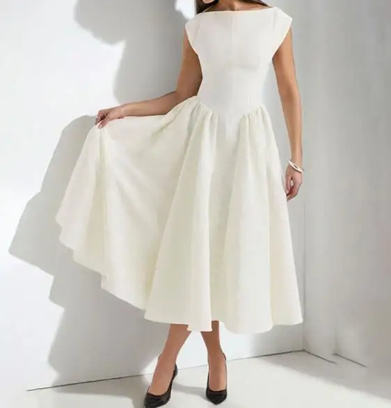 

French Classic Elegant and Fashionable Temperament Style Solid Color Simple Round Neck Waist A-Line Women's Banquet Dress